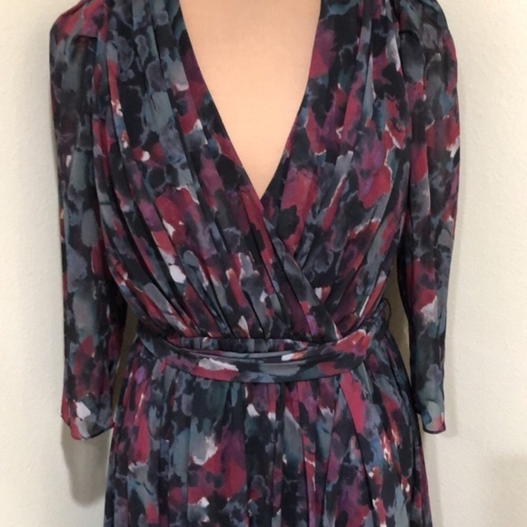 Badgley Mischka Pleated Floral Gown Size 12 Gray Black Burgundy - Picture 3 of 12